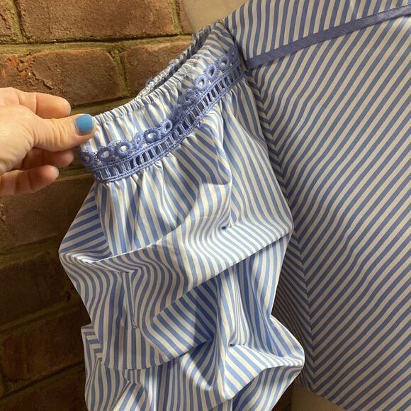 Blue & White Stripe Off The Shoulder Puff Sleeve Top Size Medium - Picture 3 of 6